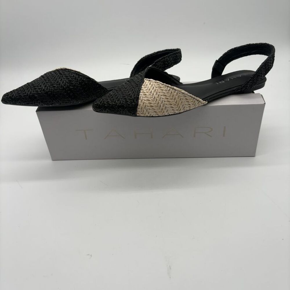 Tahari Black and Natural Raffia Pointed Toe Slingback Flats